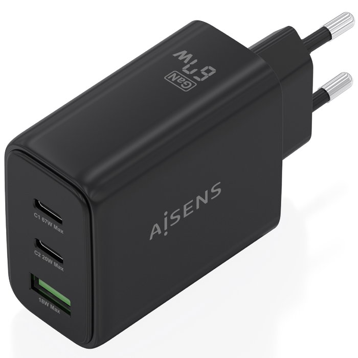 Aisens Cargador de Pared GaN 67W con 2xUSB-C y 1xUSB-A, Negro